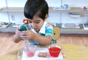 students practicing early writing skills with Montessori movable alphabet